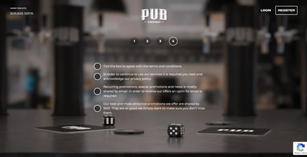 pub casino sign up screenshot